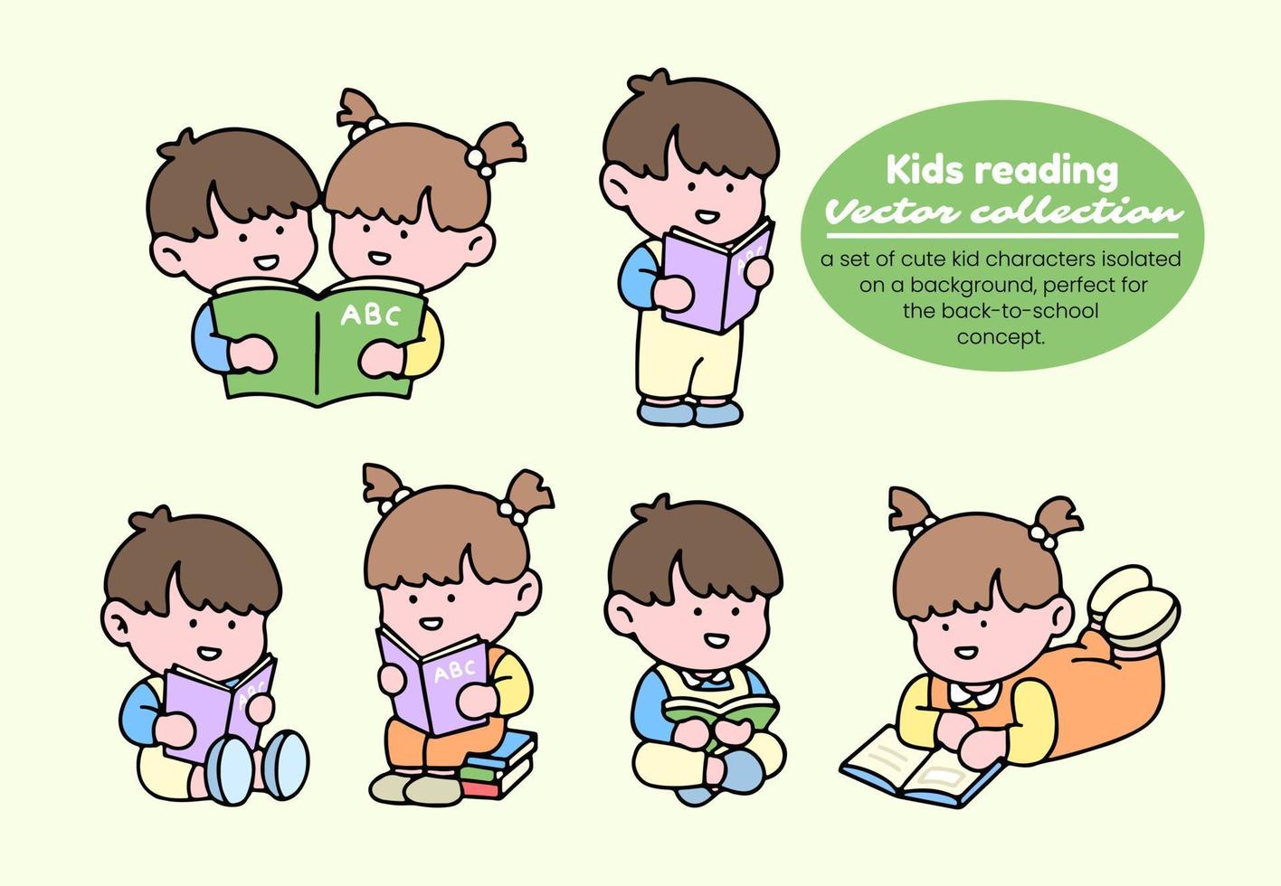 Kids reading vector collection. A set of cute kid characters isolated on a background, perfect for back to school concept.