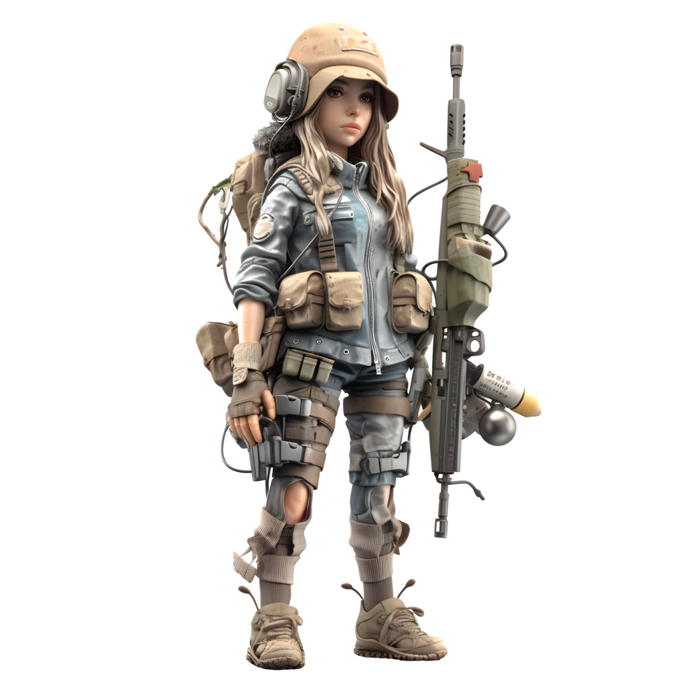 klaar voor actie een 3d schattig meisje leger karakter met geweer PNG transparant achtergrond