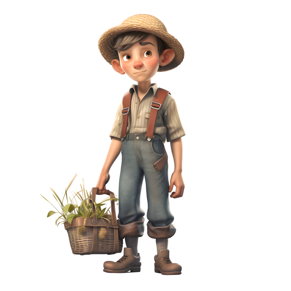 Successful 3D Farmer with Harvest Basket Perfect for Agriculture or Farming Services. PNG Transparent Background