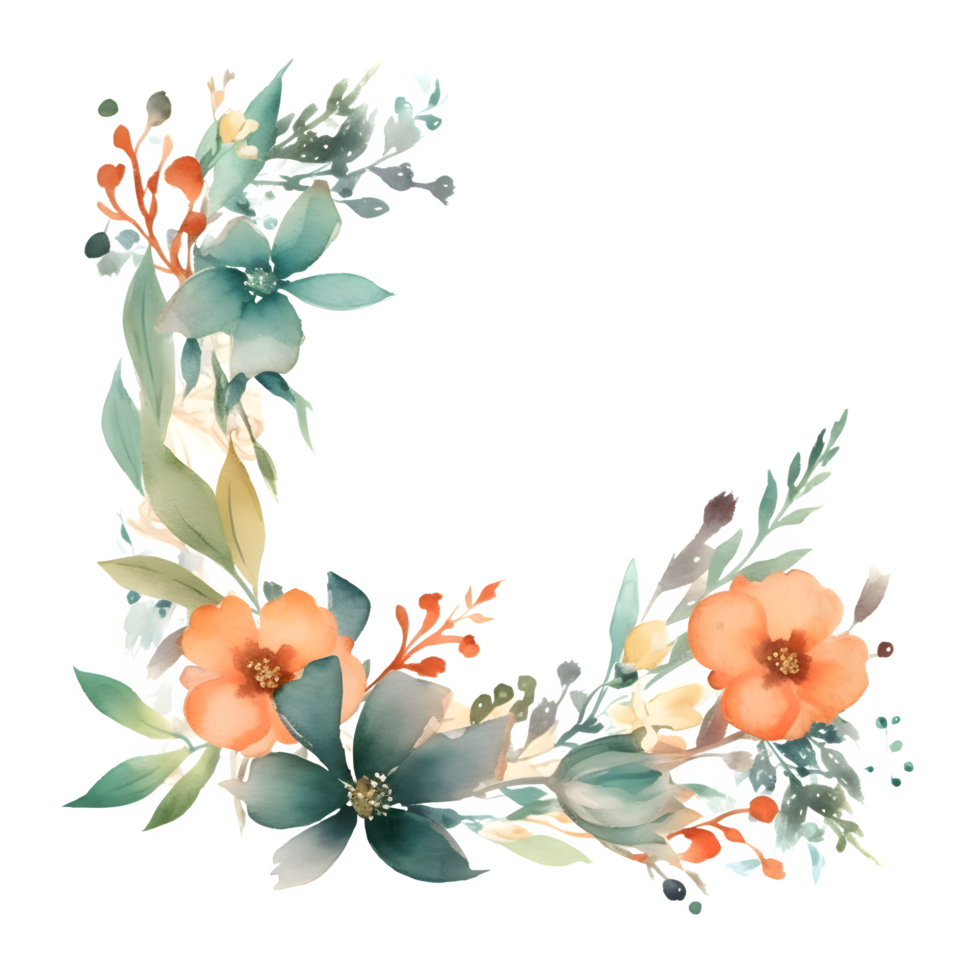 Delicate Floral Wreath with Roses, Peonies and Wildflowers. Hand Drawn Watercolor Design. PNG Transparent Background