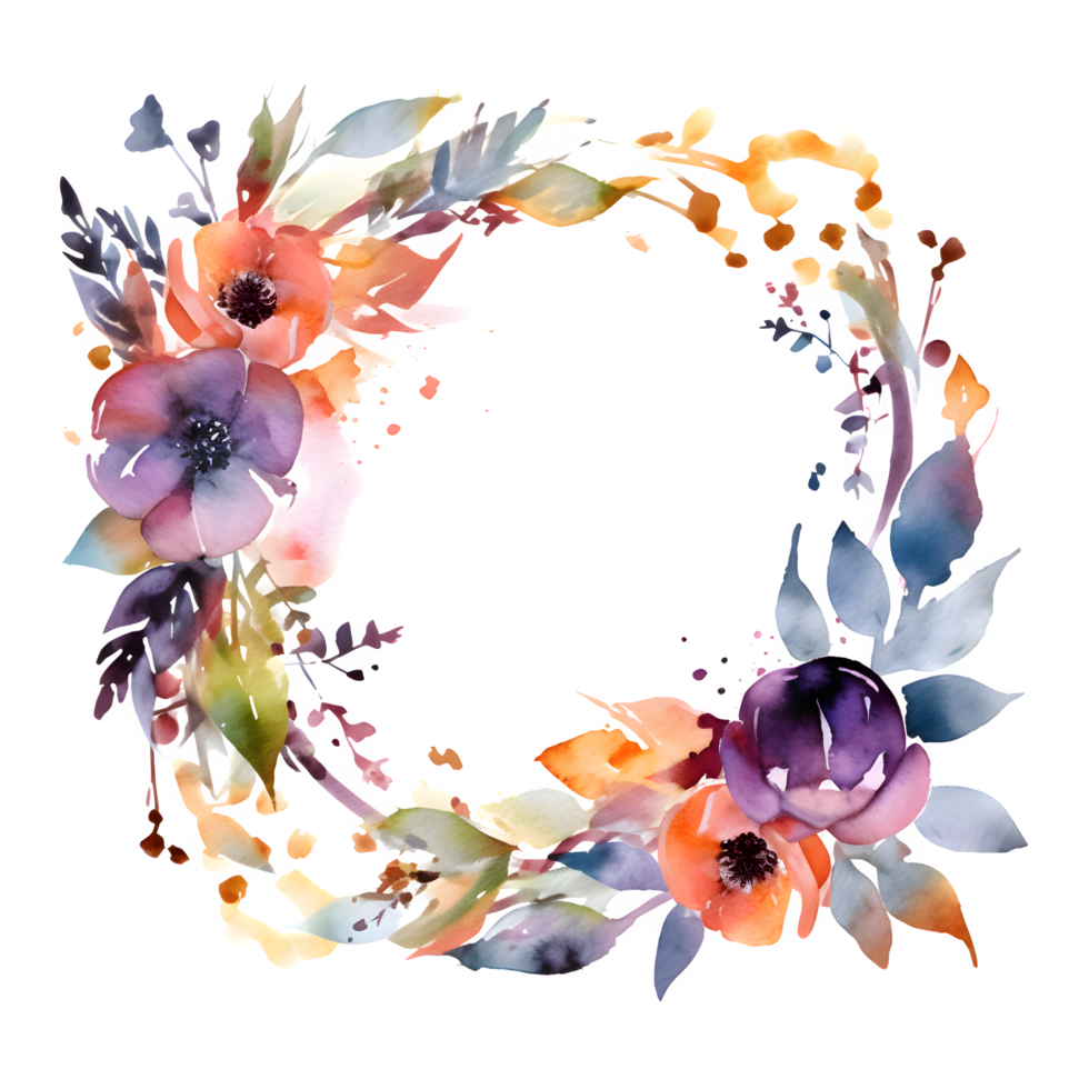 Hand Drawn Floral Wreath with Roses, Peonies and Berries. Watercolor . PNG Transparent Background