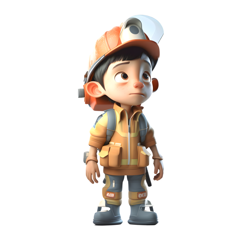 Vigilant 3D Firefighter Boy with Safety Goggles Great for Hazardous or Dangerous Environments. PNG Transparent Background