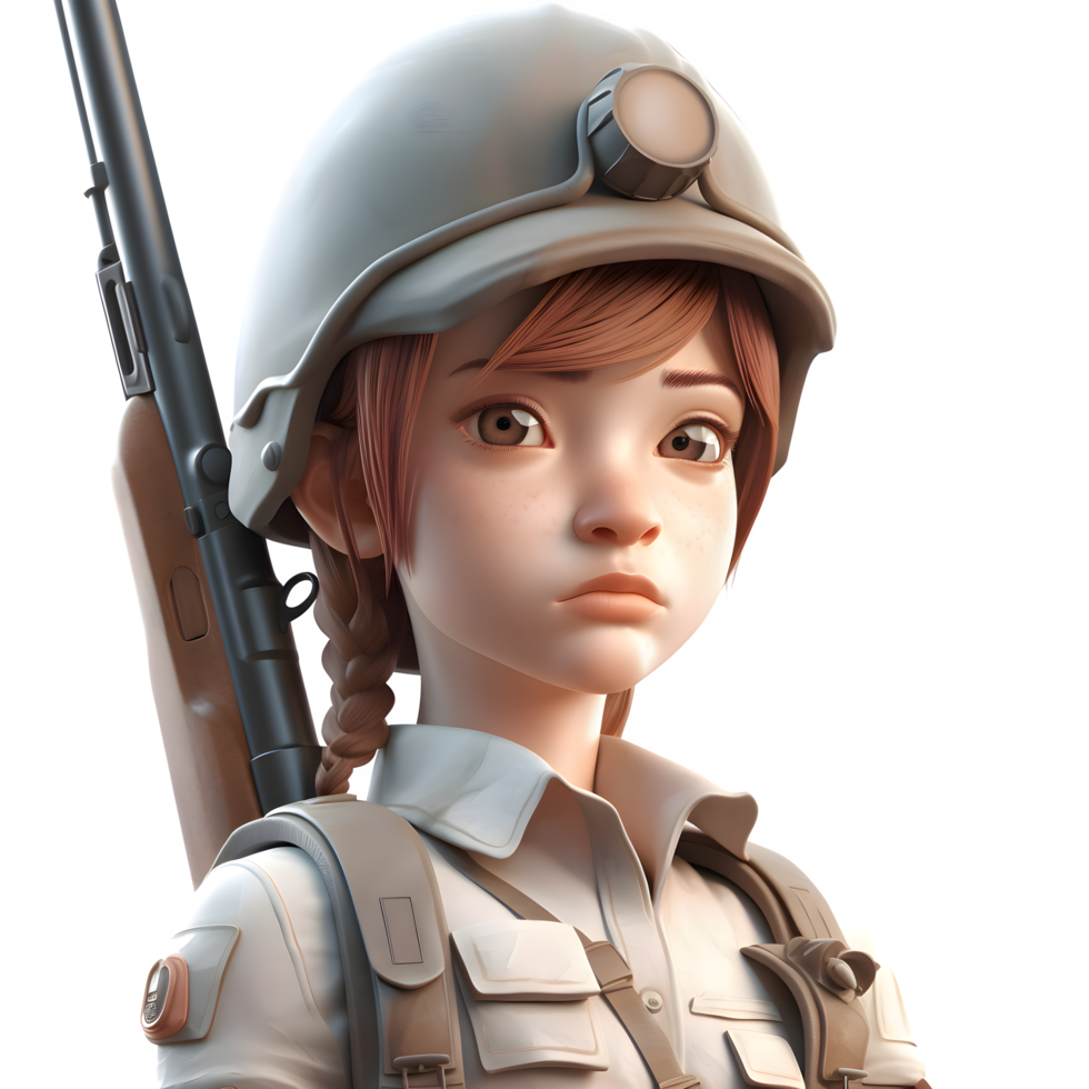 camouflage schattig een 3d schattig meisje leger karakter met geweer PNG transparant achtergrond
