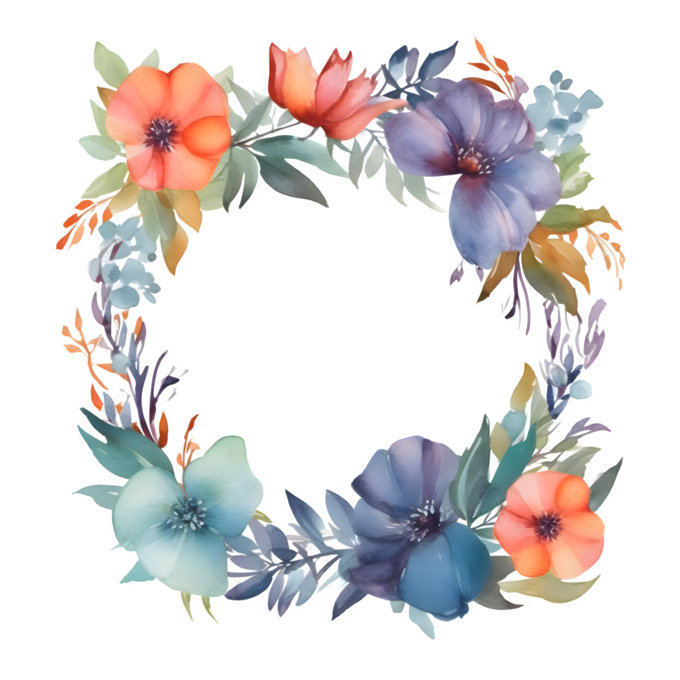 mooi waterverf bloemen kader ontwerp voor bruiloft uitnodigingen of groet kaarten. hand getekend bloemen en bladeren in zacht pastel kleuren. PNG transparant achtergrond