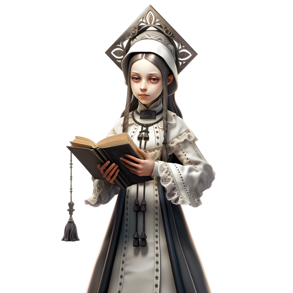 Cute 3D Priest Girl Holding Holy Book and Rosary PNG Transparent Background
