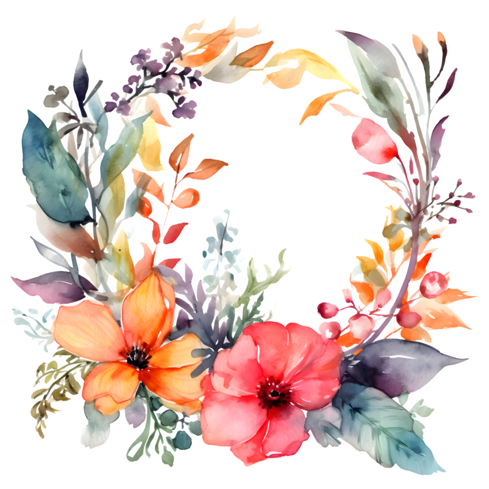 Colorful Floral Border with Spring Flowers and Blooms. Botanical in Watercolor. PNG Transparent Background
