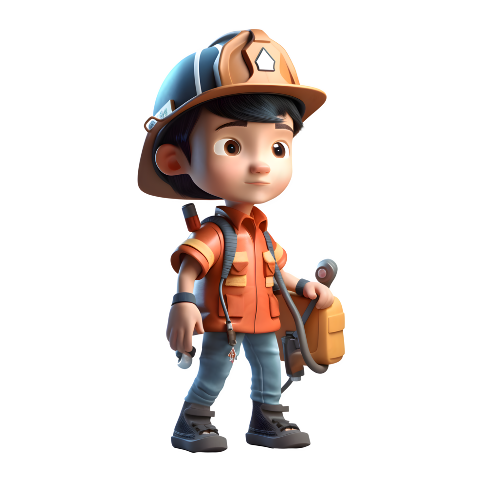 Fearless 3D Firefighter Boy with Flashlight Perfect for Nighttime Rescue or Emergency Scenarios PNG Transparent Background