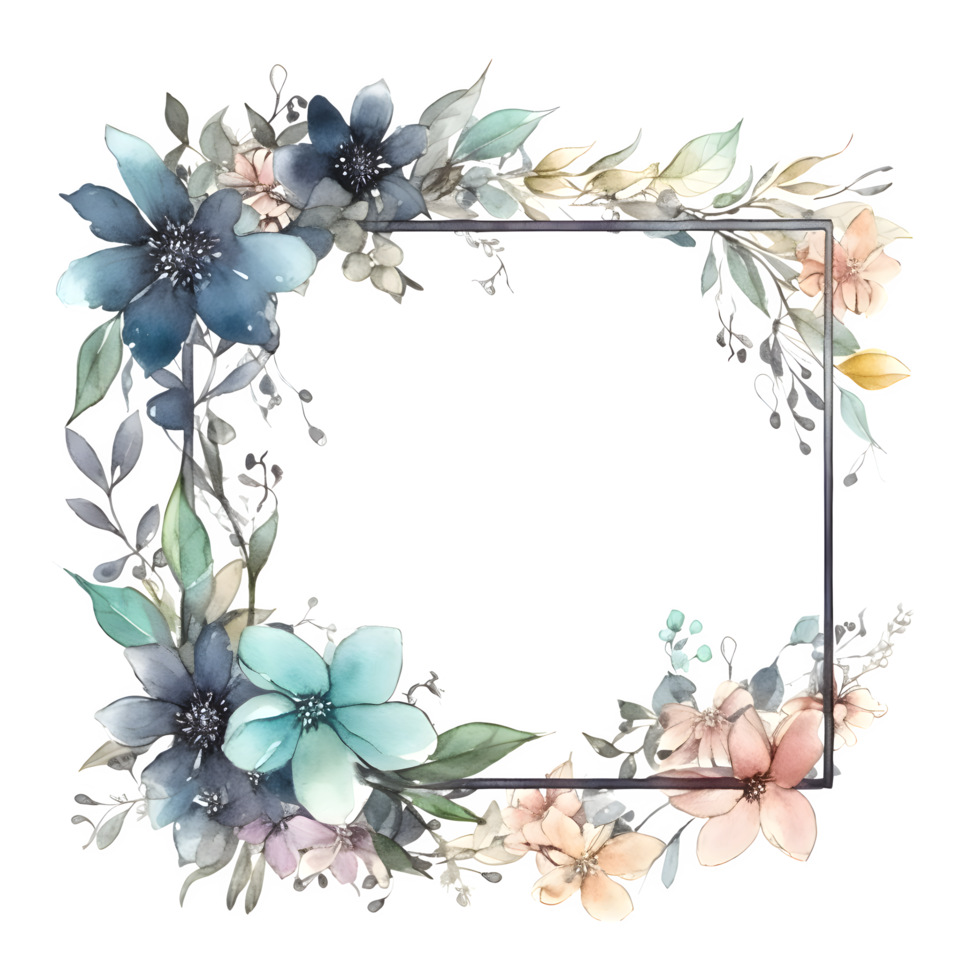 Botanical with Watercolor Floral Frame and Feathers. Perfect for Bohemian Designs. PNG Transparent Background