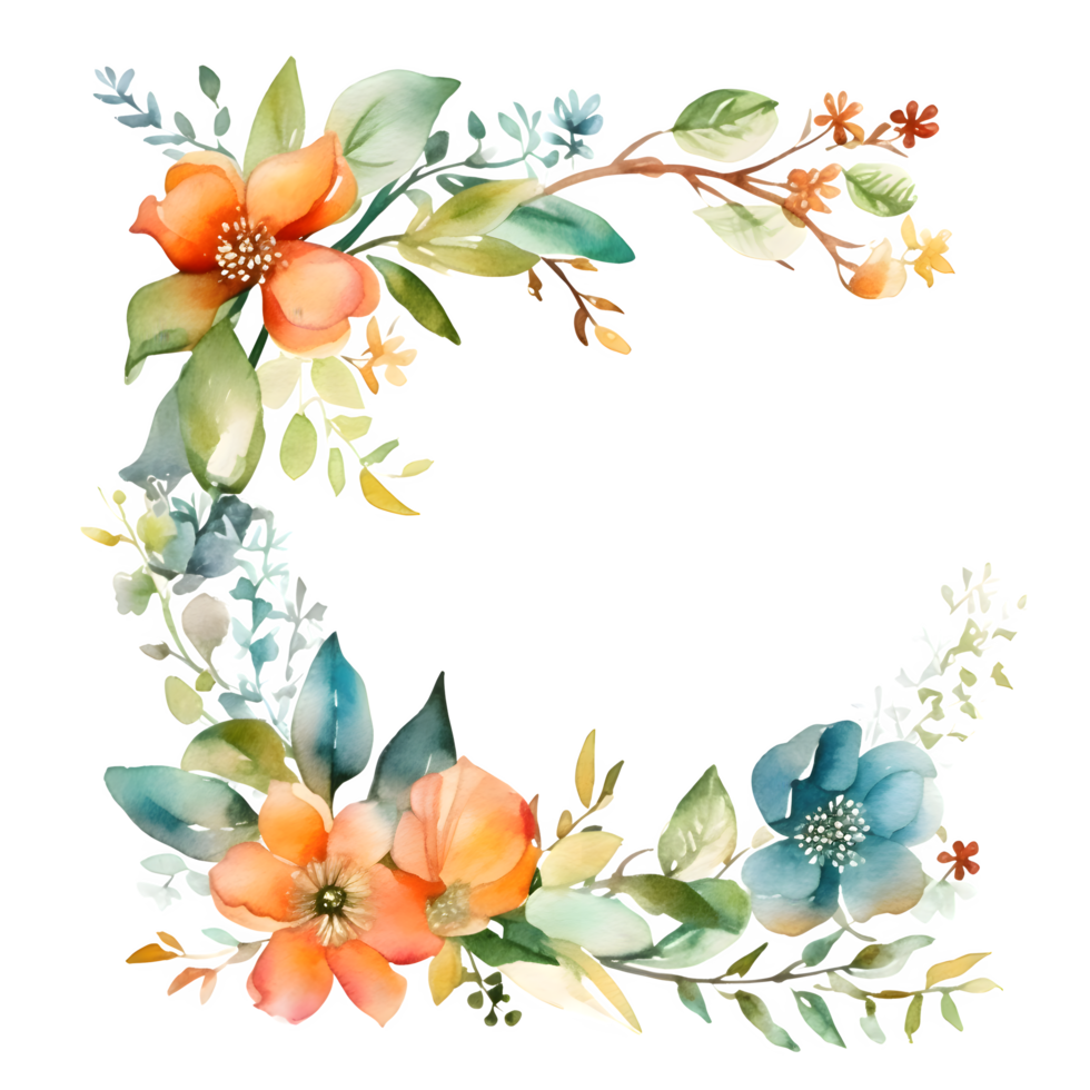 Hand Drawn Floral Wreath with Roses, Peonies and Berries. Watercolor . PNG Transparent Background