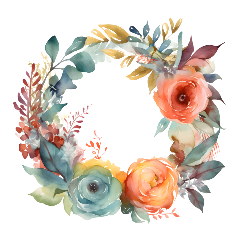 Rustic Greenery and Flower Round Frame Design for Summer Weddings and Events. Peonies, Roses, and Leaves in Mint and Green Tones. Watercolor PNG Transparent Background