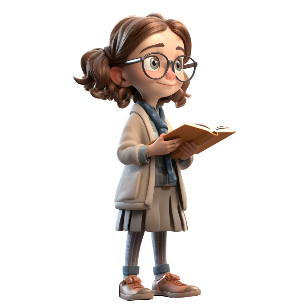 Bright Brain 3D Cute Girl in Professor Character with a book and glasses PNG Transparent Background