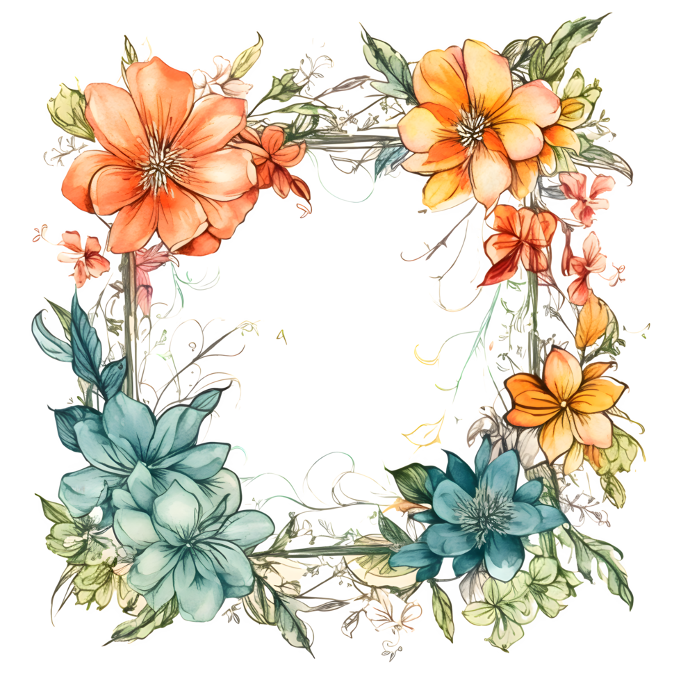 Botanical Flower Frame Design with Wildflowers, Leaves and Branches. Perfect for Spring or Summer Invitations, Greeting Cards, Posters and More. Hand-drawn PNG Transparent Background