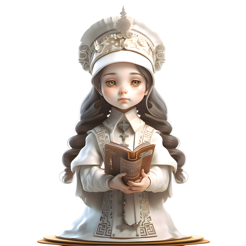 3D Animated Cute Female Priest Holding Rosary and Bible PNG Transparent Background