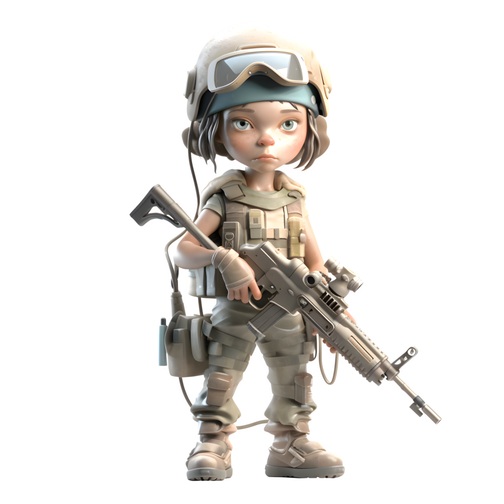 beschermer van de natie een 3d schattig meisje leger karakter met geweer PNG transparant achtergrond