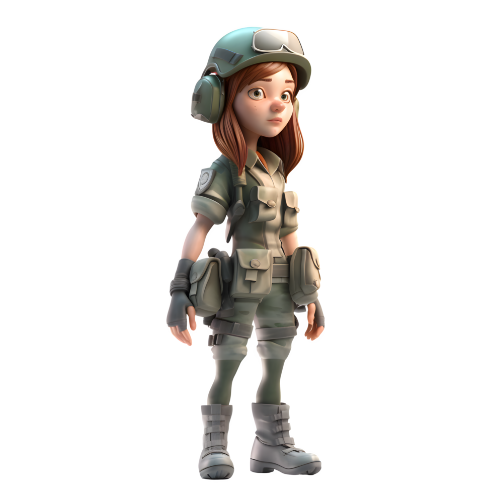 Cute and Courageous A 3D Girl in Army Uniform with Weapon PNG Transparent Background