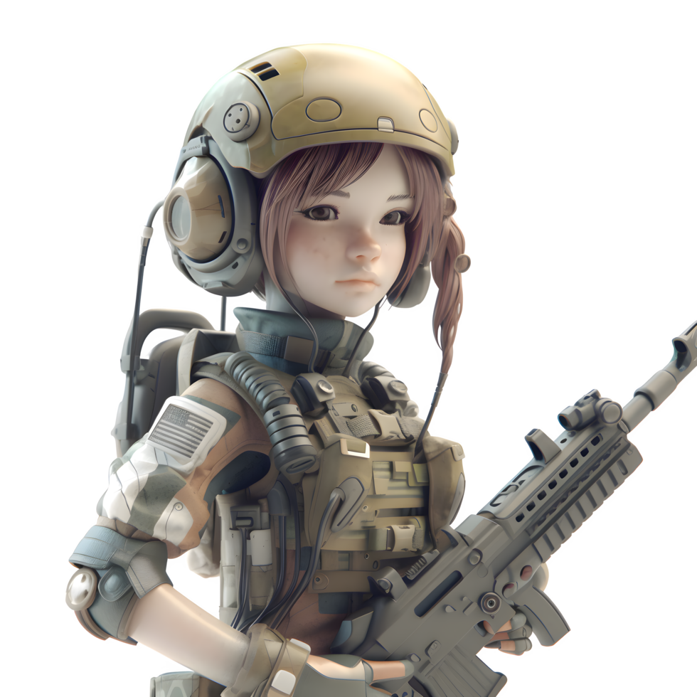 héroe en uniforme un 3d linda niña Ejército personaje con pistola y valor png transparente antecedentes