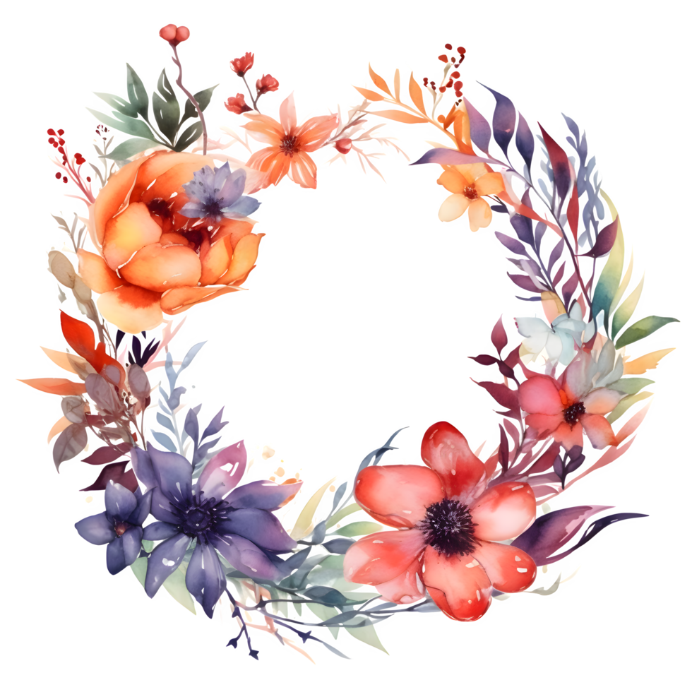 Vibrant watercolor floral wreath with bold pink and orange flowers PNG Transparent Background