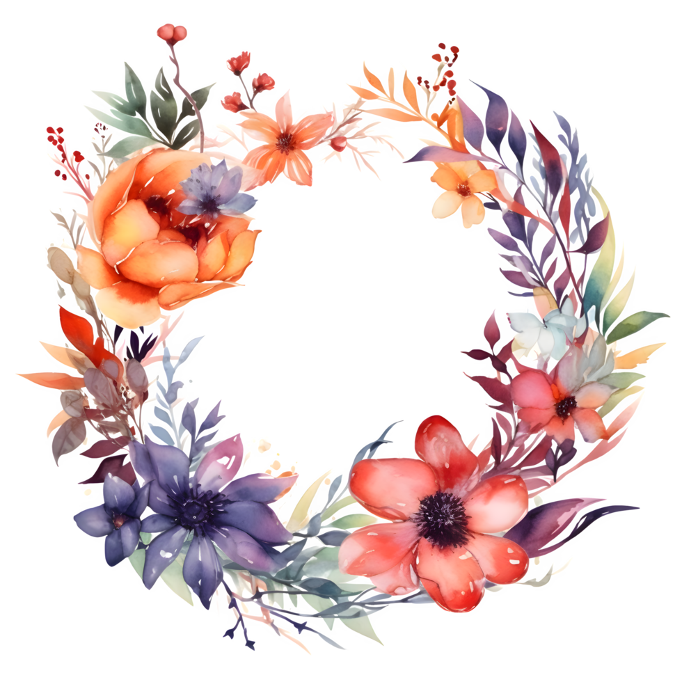 Vibrant watercolor floral wreath with bold pink and orange flowers PNG Transparent Background