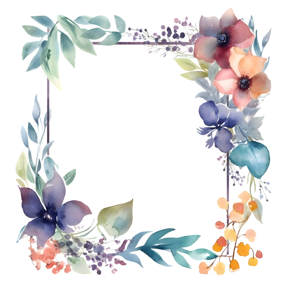 Elegant Floral Watercolor Frame for Wedding Invitations and Greeting Cards. PNG Transparent Background