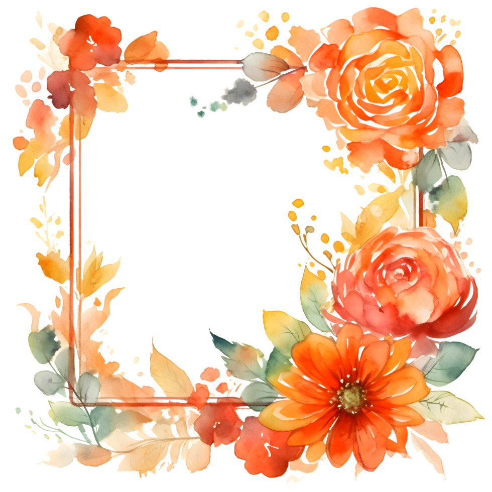 Spring Garden Frame with Blooming Flowers and Leaves. Hand Drawn Watercolor . PNG Transparent Background