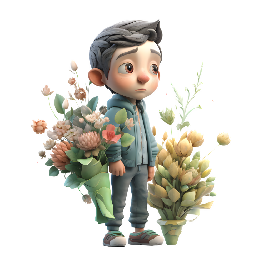 Charming 3D Florist Boy with Flower Crown Great for Festivals or Celebrations PNG Transparent Background