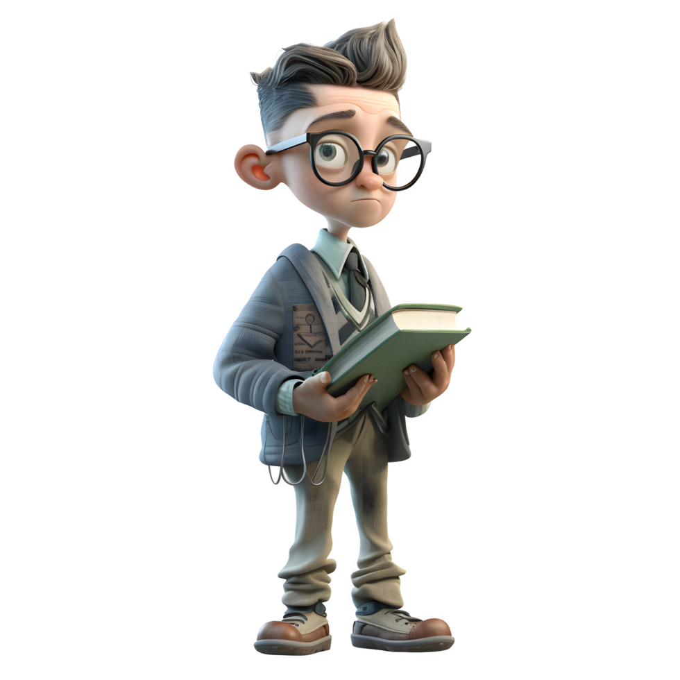 Curious 3D Boy Librarian with Magnifying Glass Great for Research or Investigation Inspired s PNG Transparent Background