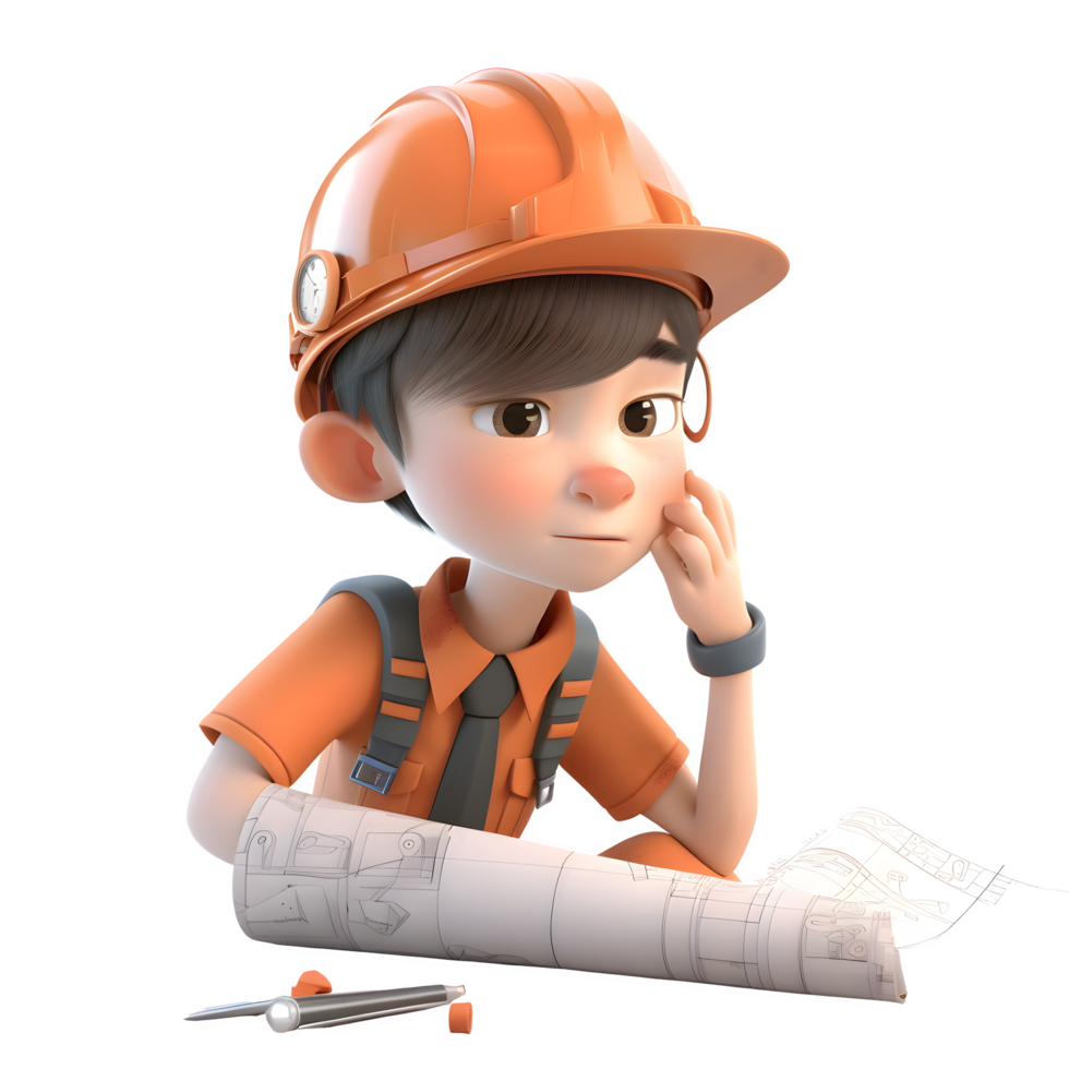 Smart 3D Engineer with Blueprints Ideal for Construction or Design Related Concepts PNG Transparent Background