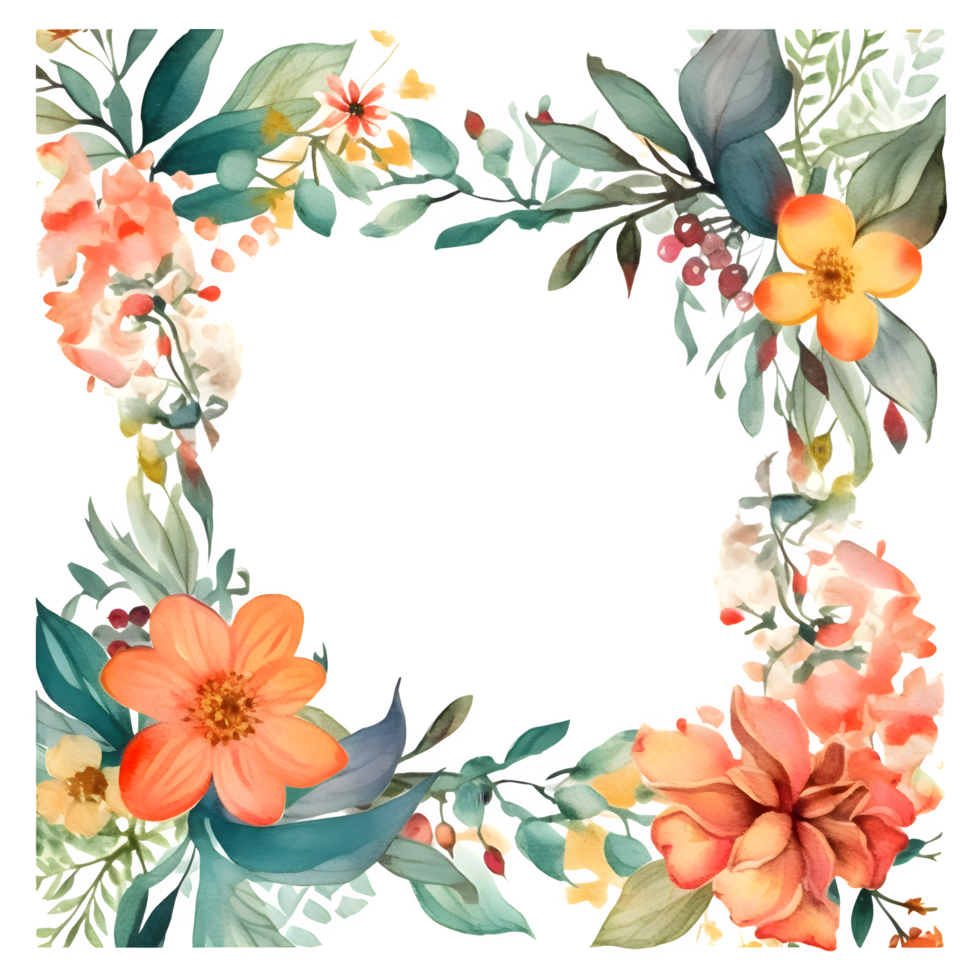 Colorful Floral Border with Spring Flowers and Blooms. Botanical in Watercolor. PNG Transparent Background