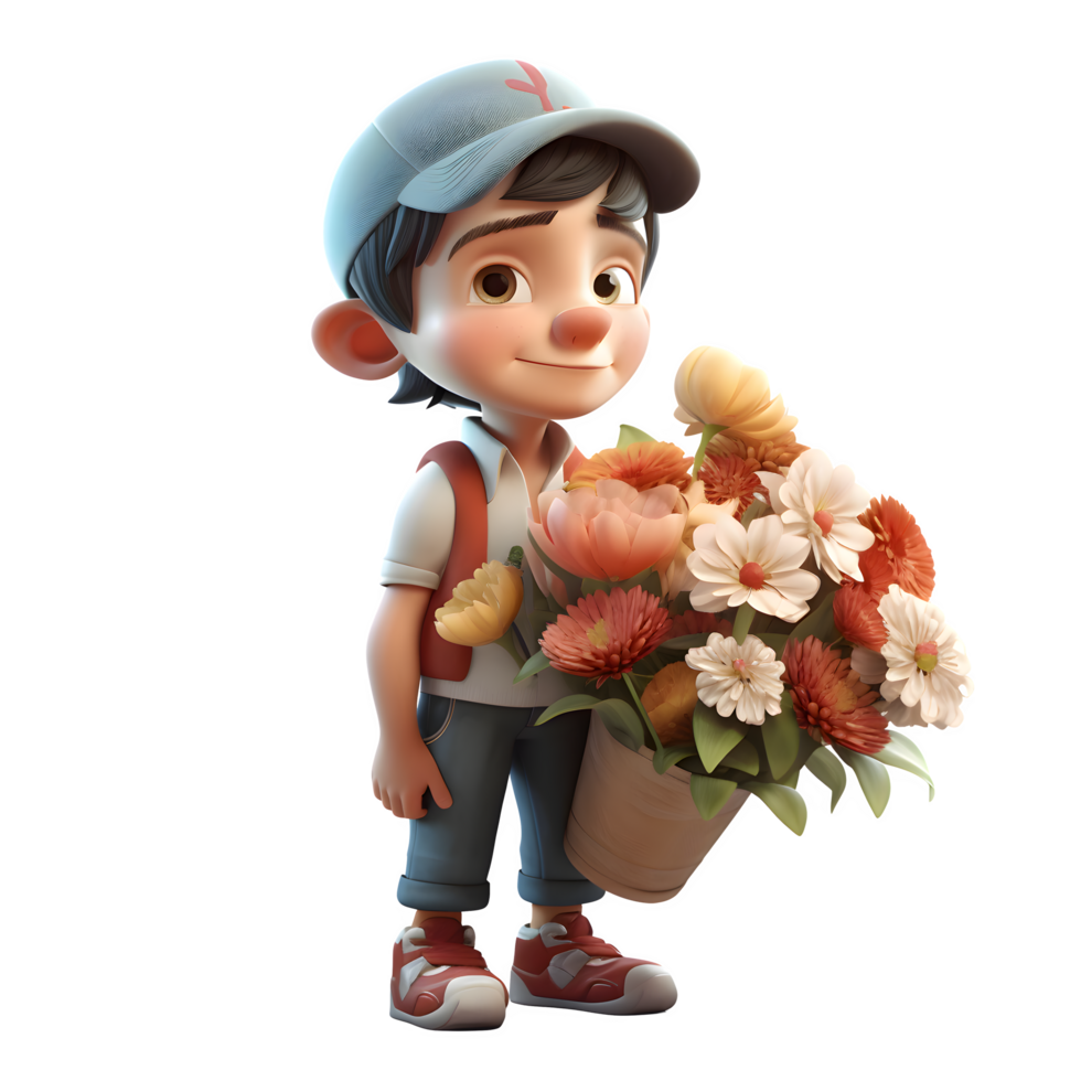 Peaceful 3D Florist Boy with Cherry Blossoms Ideal for Zen or Mindfulness Concepts PNG Transparent Background