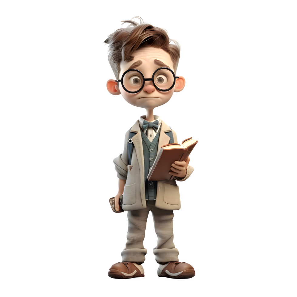 Friendly 3D Boy Librarian with Shelves of Books Ideal for Literacy or Reading Themed Projects PNG Transparent Background