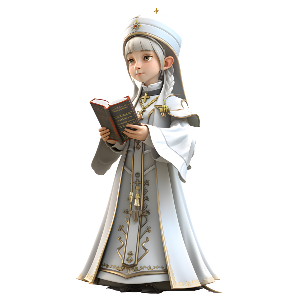 3D Render of Cute Female Priest in Robe with Holy Book and Rosary PNG Transparent Background