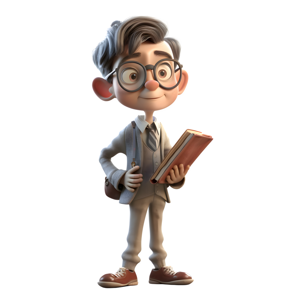 Confident 3D Student boy holding books on white background PNG Transparent Background