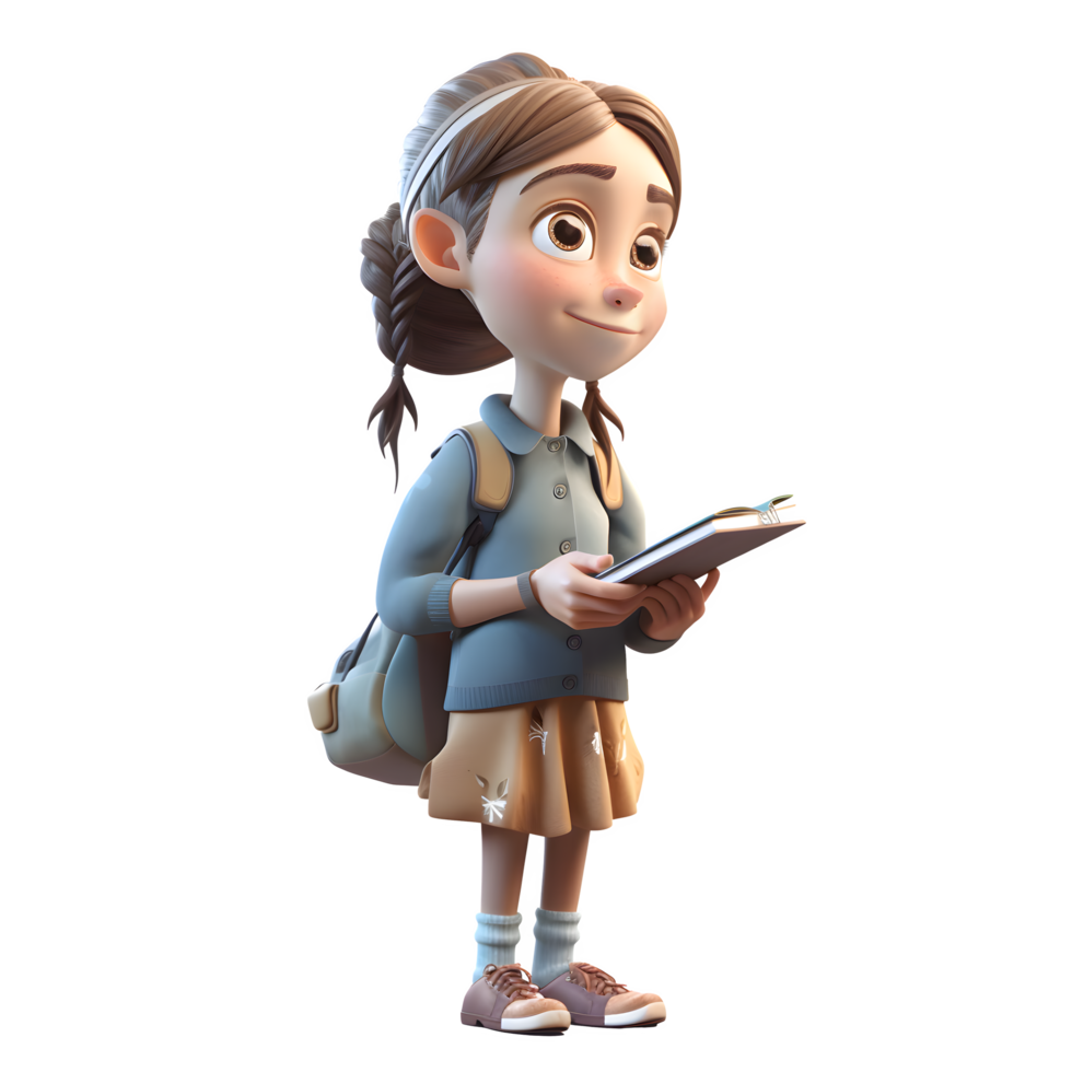 Studious Style 3D Cute Girl Student PNG Transparent Background