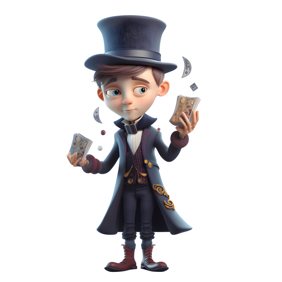 Eccentric 3D Boy Magician with Floating Objects Ideal for Surreal or Abstract Designs PNG Transparent Background