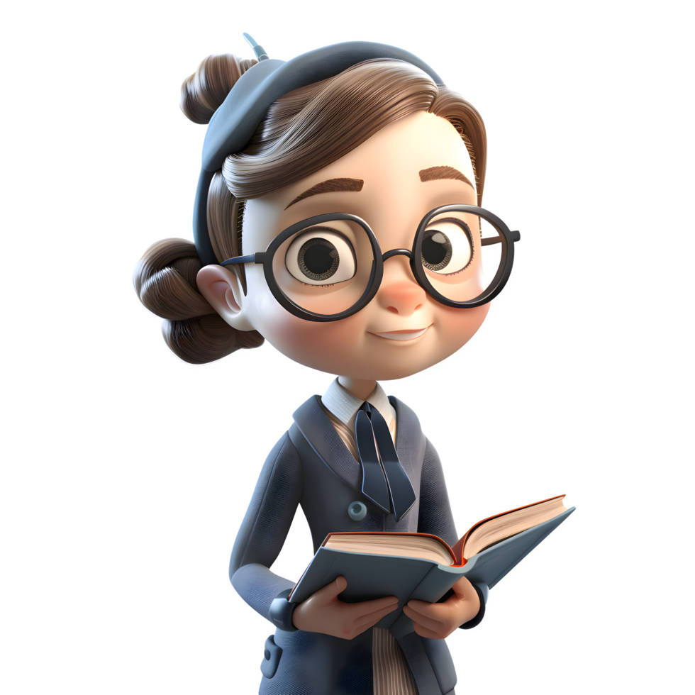 experiente estudioso 3d fofa menina dentro professor personagem segurando livro e vestindo óculos png transparente fundo