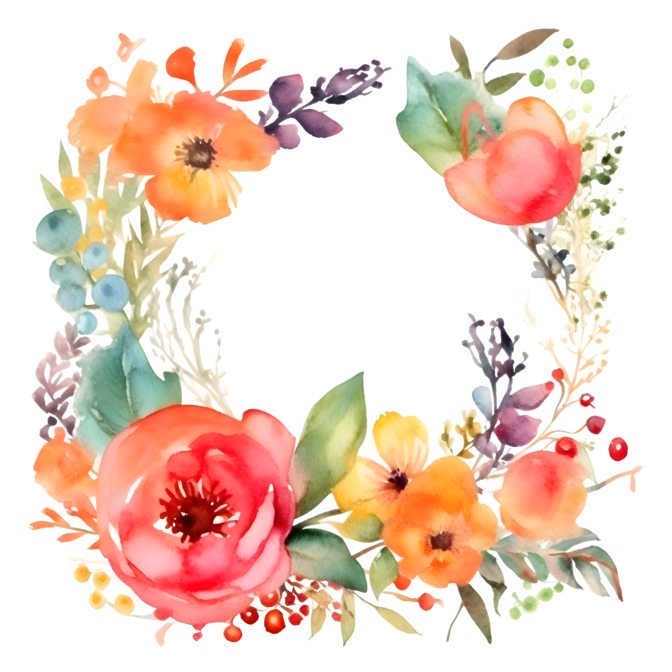 Delicate Floral Wreath with Roses, Peonies and Wildflowers. Hand Drawn Watercolor Design. PNG Transparent Background