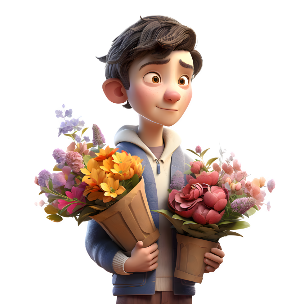 Cute 3D Florist Boy with Sunflower Perfect for Summer or Outdoor Advertising PNG Transparent Background