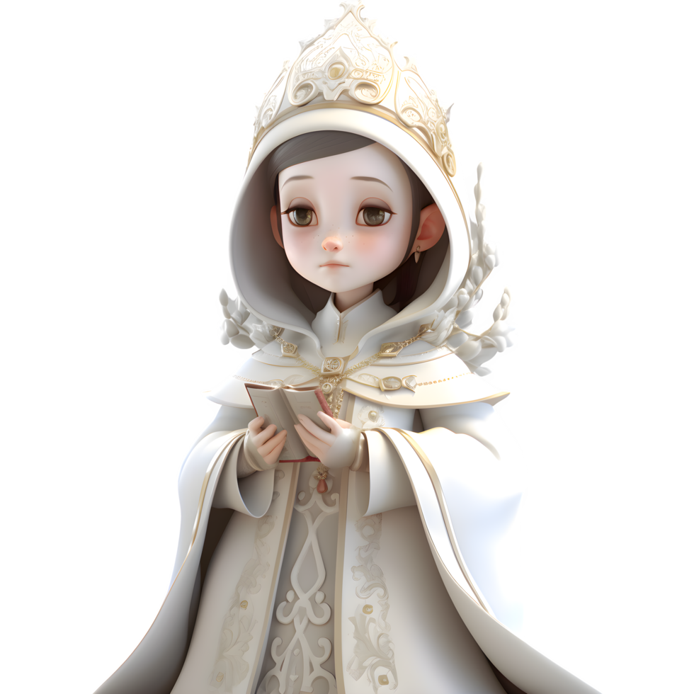 Cute 3D Character of Female Priest with Rosary and Book PNG Transparent Background