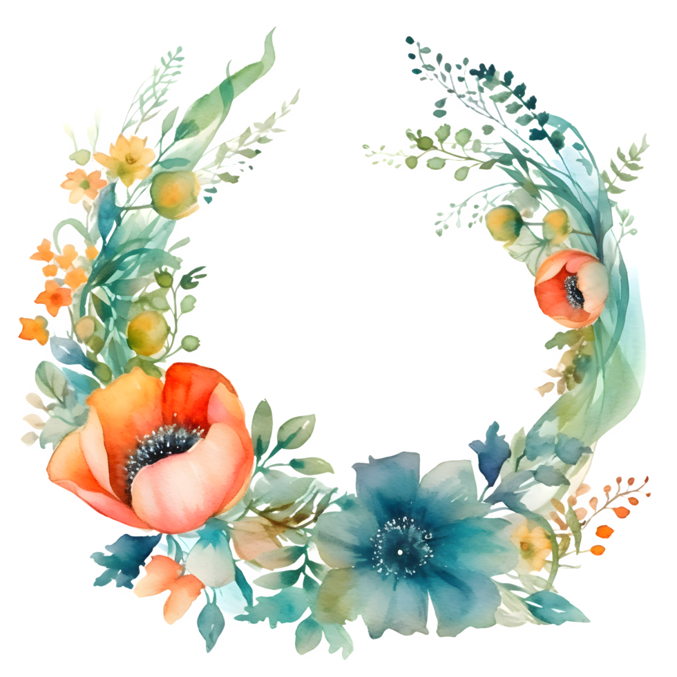 Elegant Floral Watercolor Frame for Wedding Invitations and Greeting Cards. PNG Transparent Background