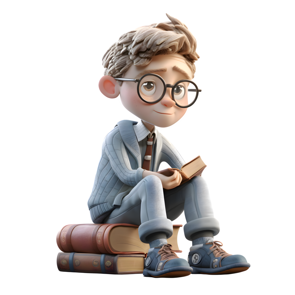 Knowledgeable 3D Boy Librarian with Books and Glasses Perfect for Education or Learning Concepts PNG Transparent Background