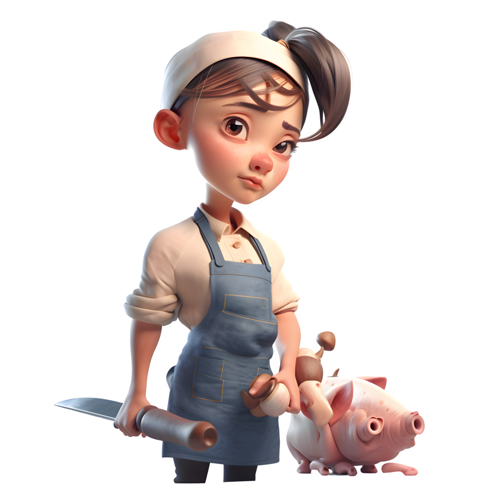 Confident 3D Butcher Cute Girl with Ham Great for Meat Processing or Manufacturing Projects PNG Transparent Background