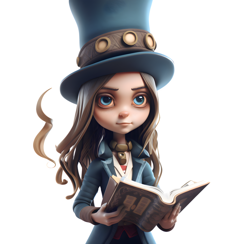 Enchanting 3D Fantasy Magician Girl with a Spellbook PNG Transparent Background