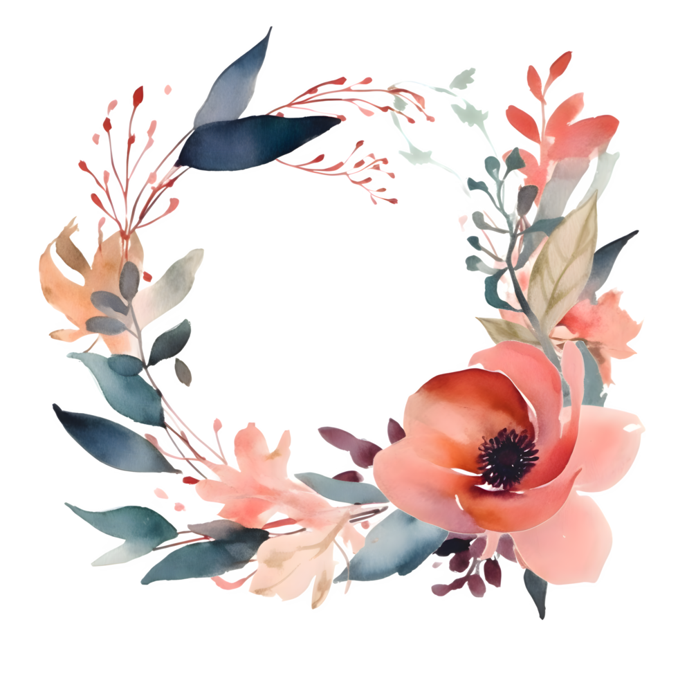 Delicate Floral Wreath with Roses, Peonies and Wildflowers. Hand Drawn Watercolor Design. PNG Transparent Background
