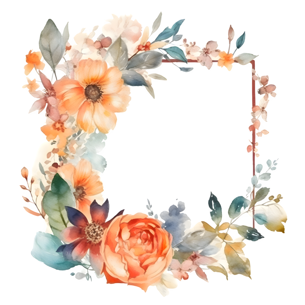 Botanical Flower Frame Design with Wildflowers, Leaves and Branches. Perfect for Spring or Summer Invitations, Greeting Cards, Posters and More. Hand-drawn PNG Transparent Background