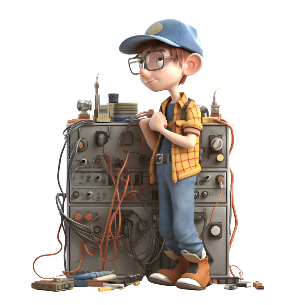 Skilled 3D Electrician with Electric Panel Perfect for Electrical or Control System Related Projects PNG Transparent Background