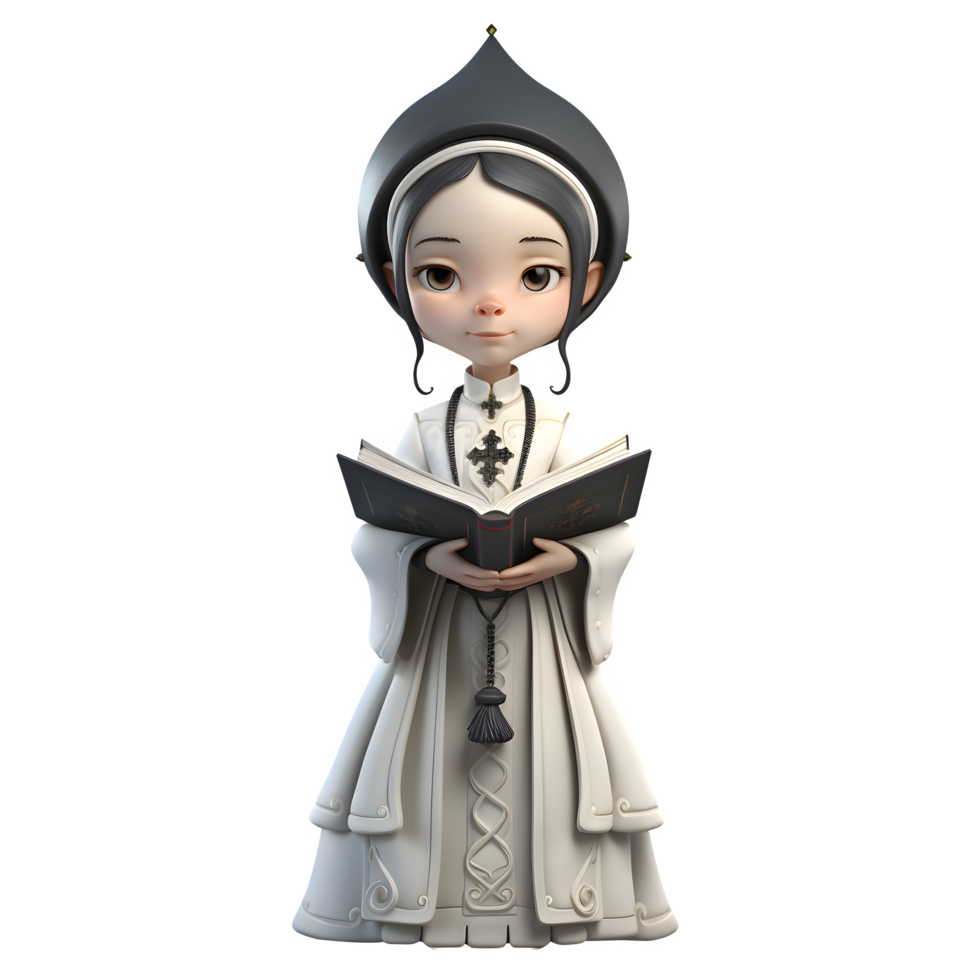 3D Model of Cute Female Priest Holding a Holy Book and Rosary PNG Transparent Background