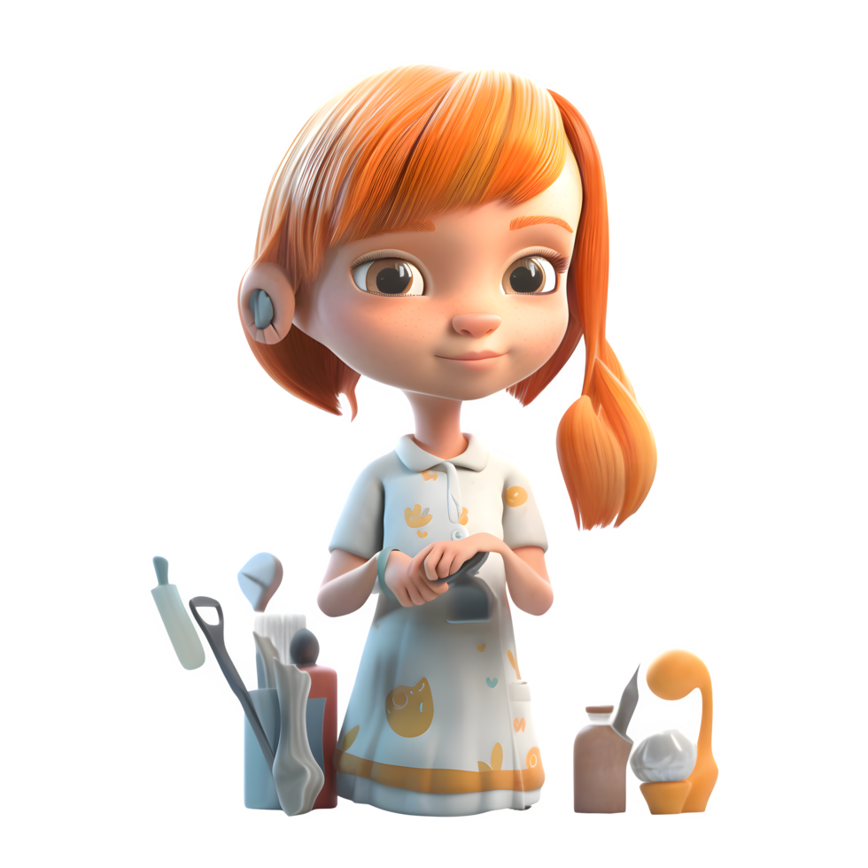3D Hair Salon Girl with Hairdryer and Brush PNG Transparent Background