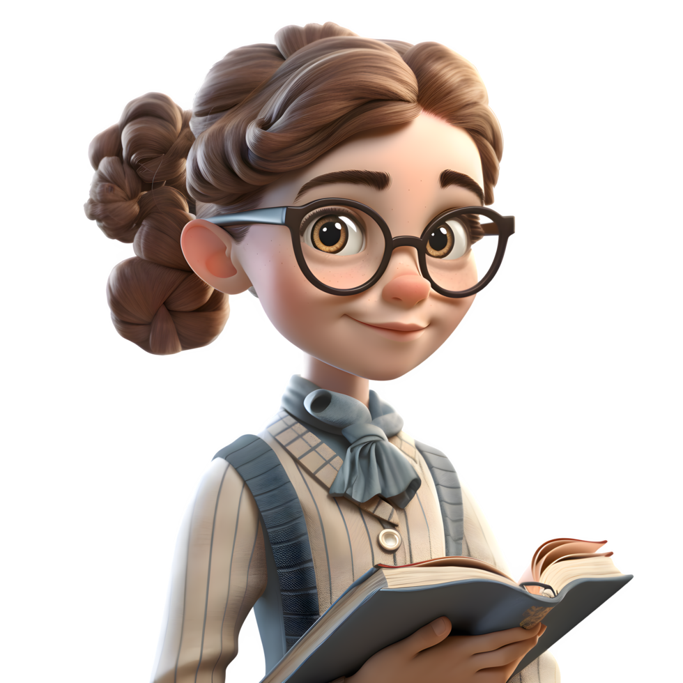 ben informato carino 3d carino ragazza nel professoressa personaggio con un' libro e bicchieri png trasparente sfondo