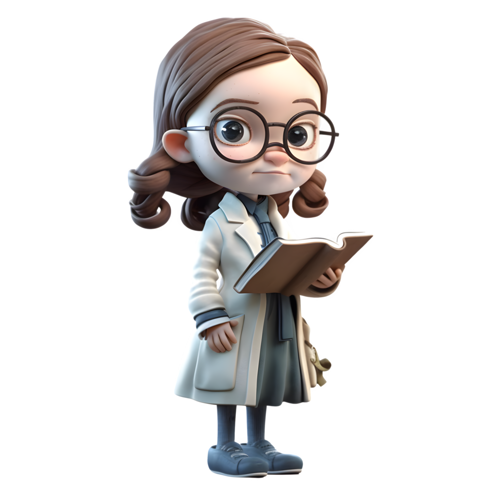 Academic Angel 3D Cute Girl in Professor Character holding Book and wearing Glasses PNG Transparent Background