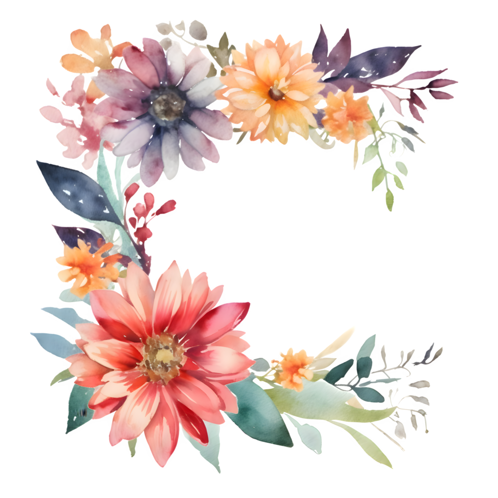 Vibrant watercolor floral wreath with bold pink and orange flowers PNG Transparent Background